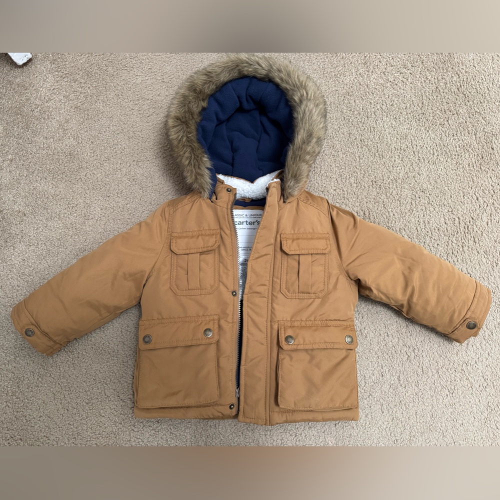Boys 2T Carter’s Warm Winter Tan Hooded Jacket with Faux Fur Trim